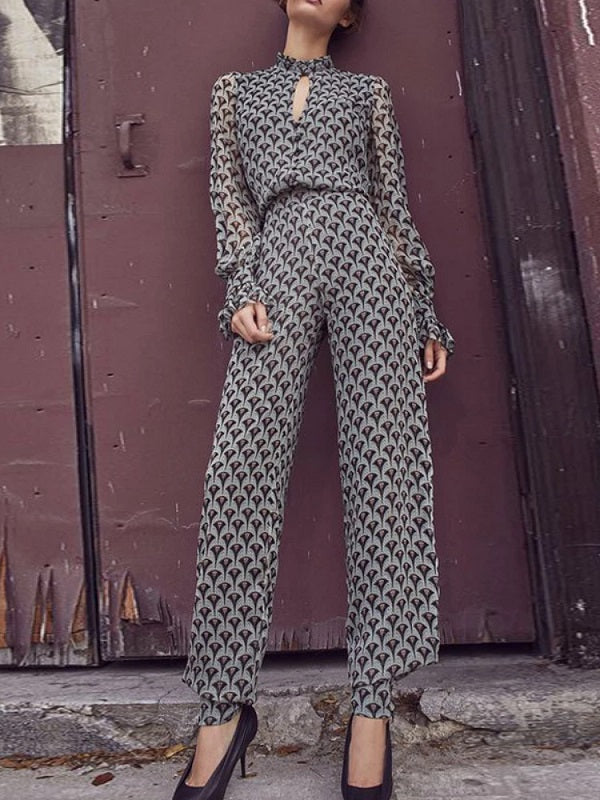 Hollow Out Lace Up Long Sleeve Jumpsuit Mssza