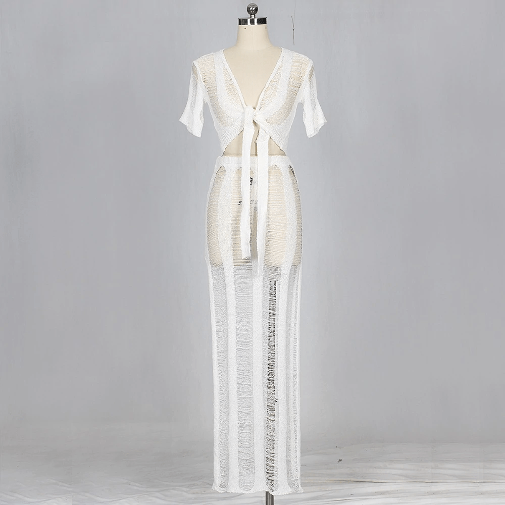 Hollow Out Maxi Dresses Short Sleeve Sashes Crop Top Long Slit Beach Dress Vestidos Mssza