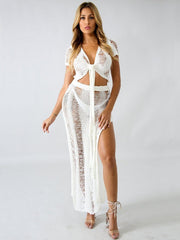 Hollow Out Maxi Dresses Short Sleeve Sashes Crop Top Long Slit Beach Dress Vestidos Mssza
