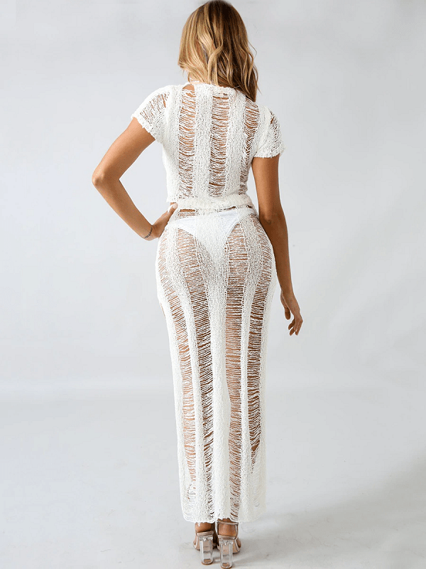 Hollow Out Maxi Dresses Short Sleeve Sashes Crop Top Long Slit Beach Dress Vestidos Mssza
