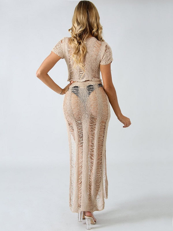 Hollow Out Maxi Dresses Short Sleeve Sashes Crop Top Long Slit Beach Dress Vestidos Mssza