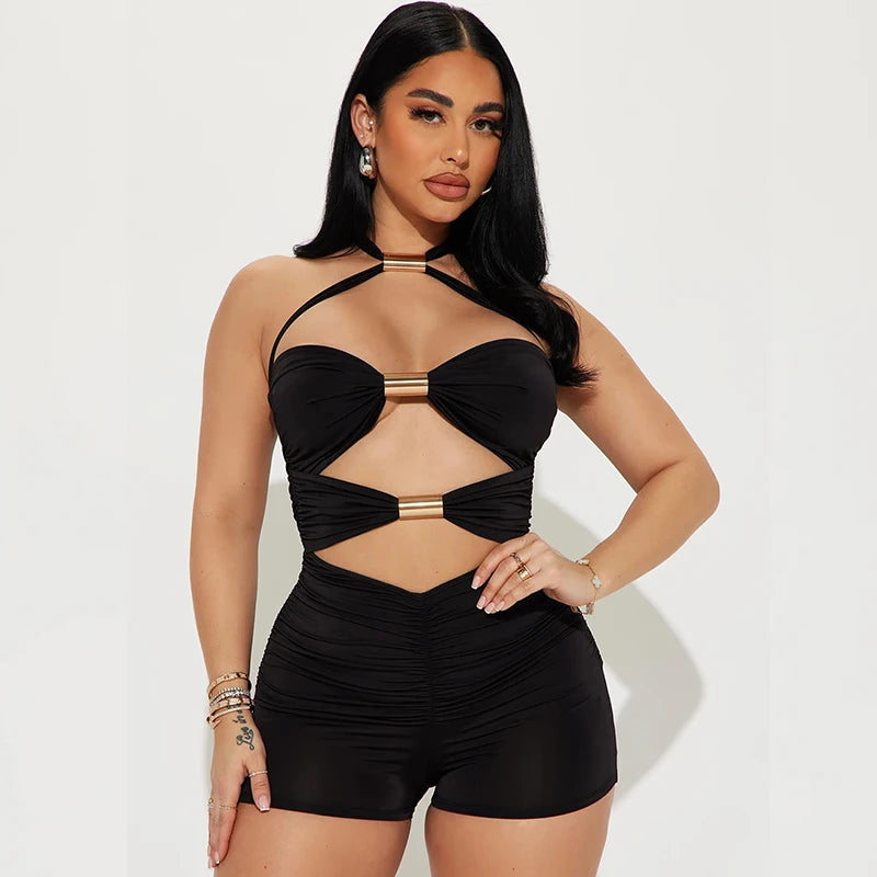 Hollow Out Metal Rings Backless Skinny Vacation Midnight Party Rompers Mssza