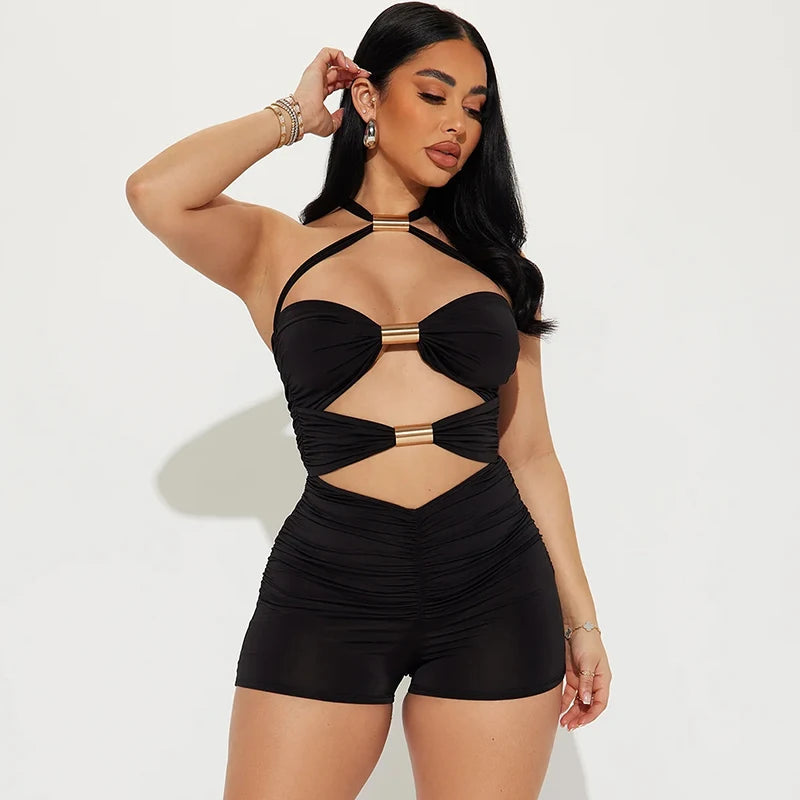 Hollow Out Metal Rings Backless Skinny Vacation Midnight Party Rompers Mssza