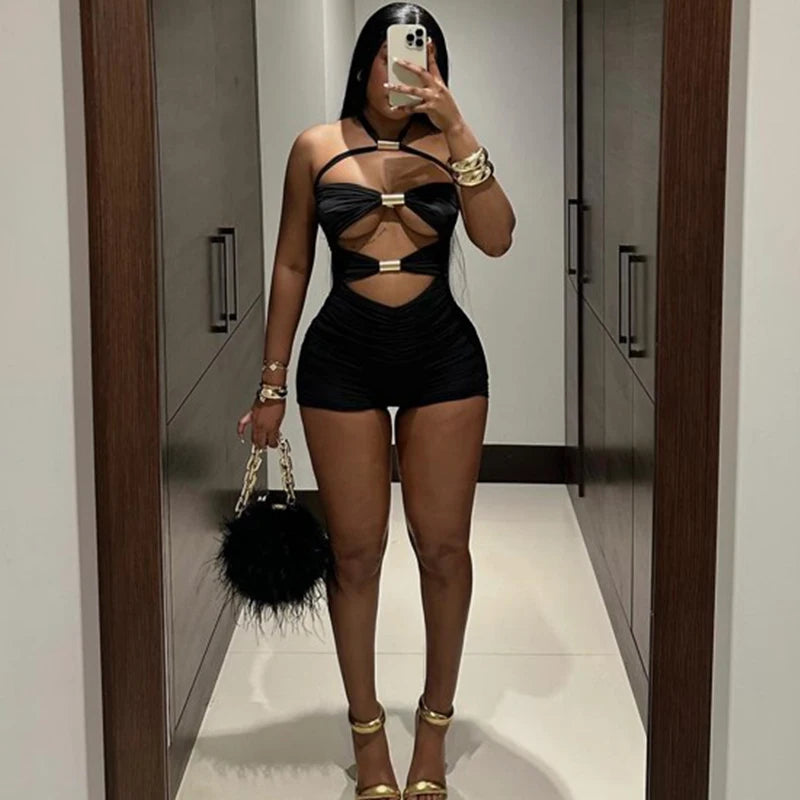Hollow Out Metal Rings Backless Skinny Vacation Midnight Party Rompers Mssza