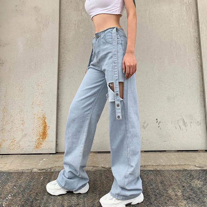 Hollow Out Ripped Long Waist Blet Pockets Jeans Mssza