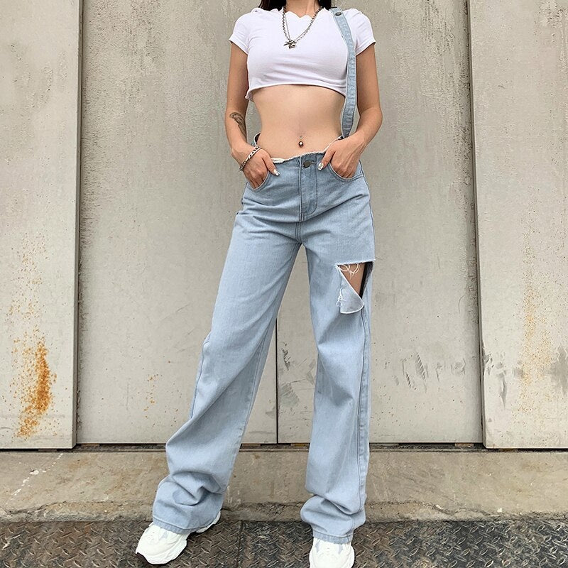 Hollow Out Ripped Long Waist Blet Pockets Jeans Mssza