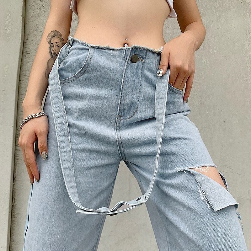 Hollow Out Ripped Long Waist Blet Pockets Jeans Mssza