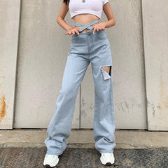 Hollow Out Ripped Long Waist Blet Pockets Jeans Mssza