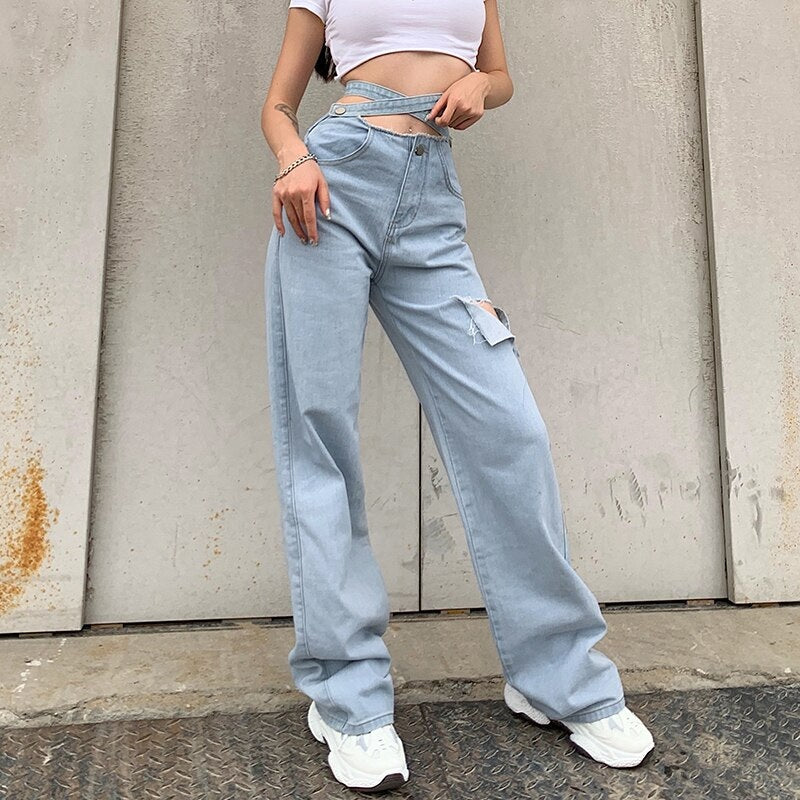 Hollow Out Ripped Long Waist Blet Pockets Jeans Mssza