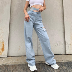 Hollow Out Ripped Long Waist Blet Pockets Jeans Mssza
