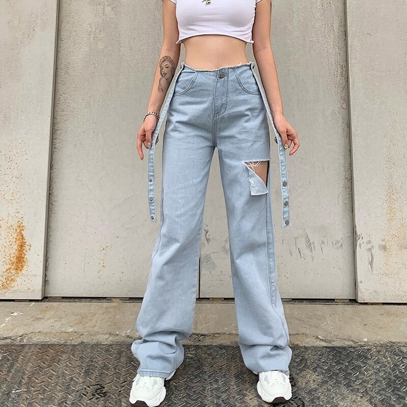 Hollow Out Ripped Long Waist Blet Pockets Jeans Mssza