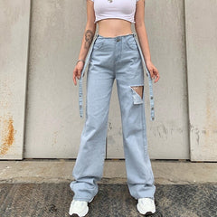 Hollow Out Ripped Long Waist Blet Pockets Jeans Mssza