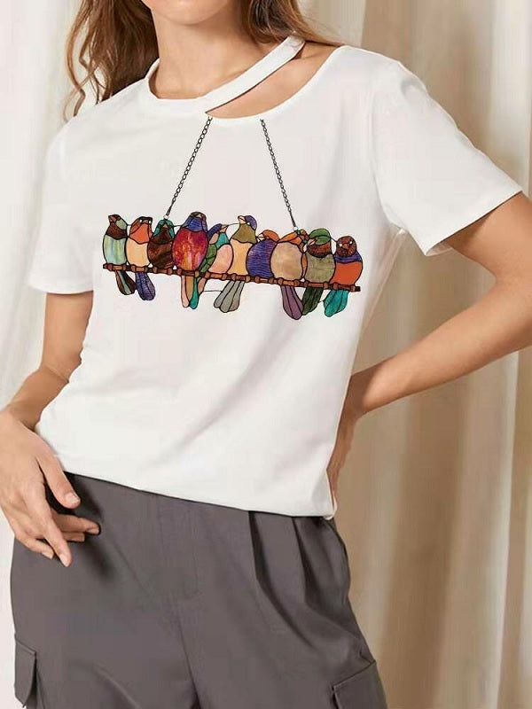 Hollow Out Short Sleeve O-neck Birds Print T-Shirt Mssza