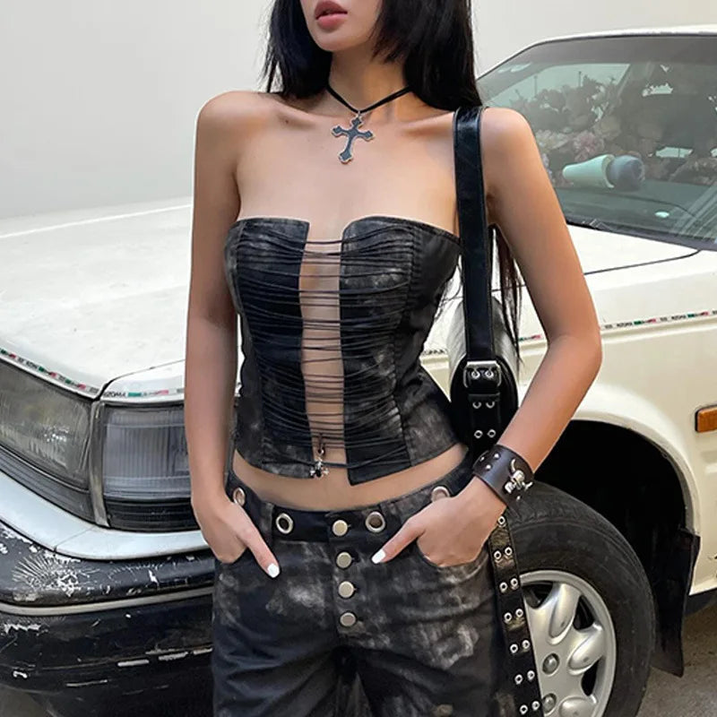 Hollow Out Strapless Streetwear Retro Tube Crop Tops Mssza