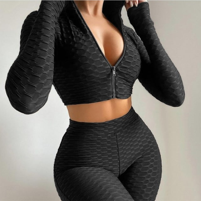 Hollow Out Two 2 Piece Crop Top High Waist Gym suit Fitness Short Mssza