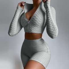 Hollow Out Two 2 Piece Crop Top High Waist Gym suit Fitness Short Mssza