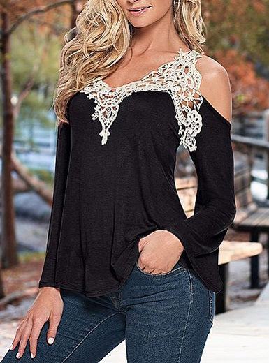 Hollow Sleeve Blouse â€?Lace V Neckline Long Sleeves Curved Hemline Mssza