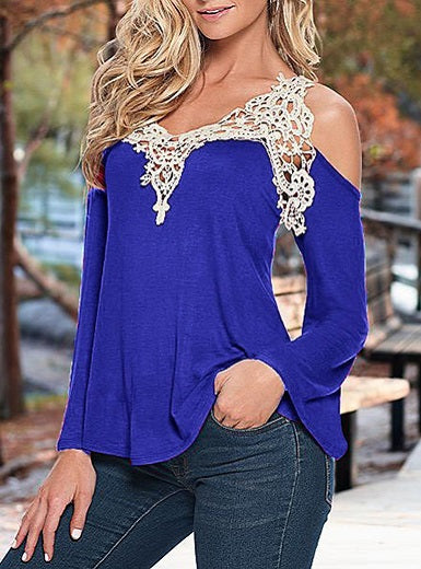 Hollow Sleeve Blouse â€?Lace V Neckline Long Sleeves Curved Hemline Mssza