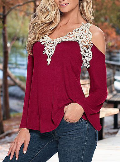 Hollow Sleeve Blouse â€?Lace V Neckline Long Sleeves Curved Hemline Mssza