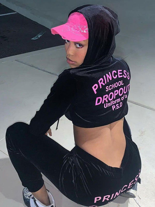 Hooded Letters Print Drawstring Pants Long Sleeves Outfit Mssza