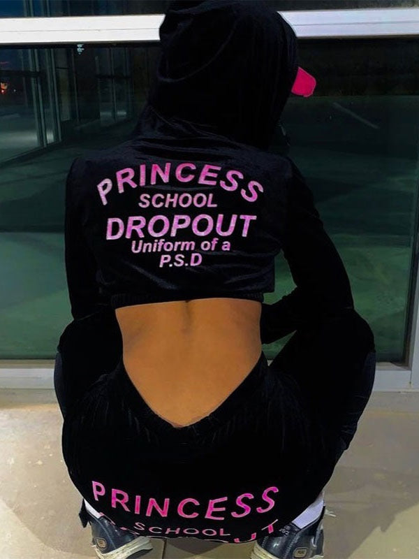 Hooded Letters Print Drawstring Pants Long Sleeves Outfit Mssza