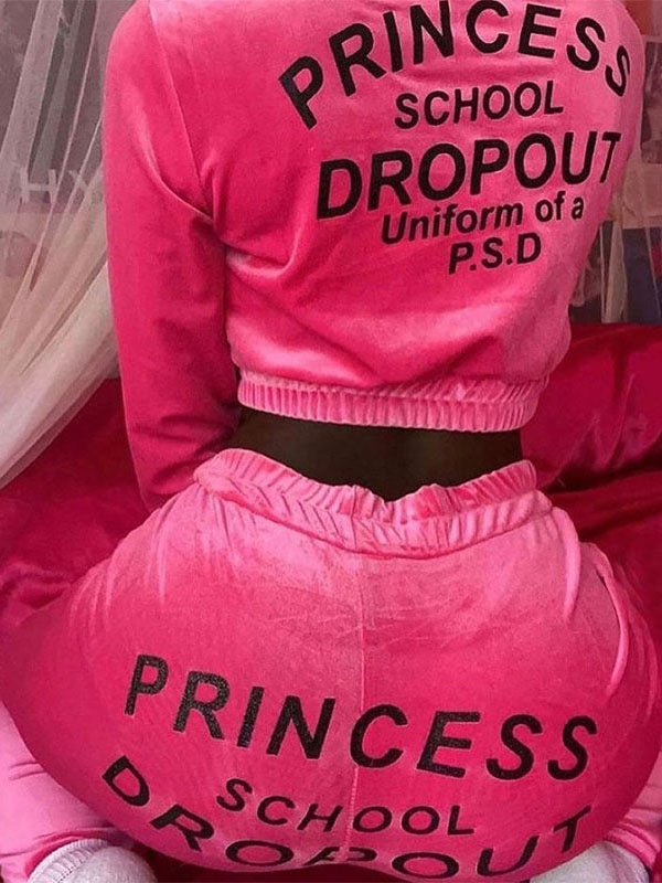 Hooded Letters Print Drawstring Pants Long Sleeves Outfit Mssza