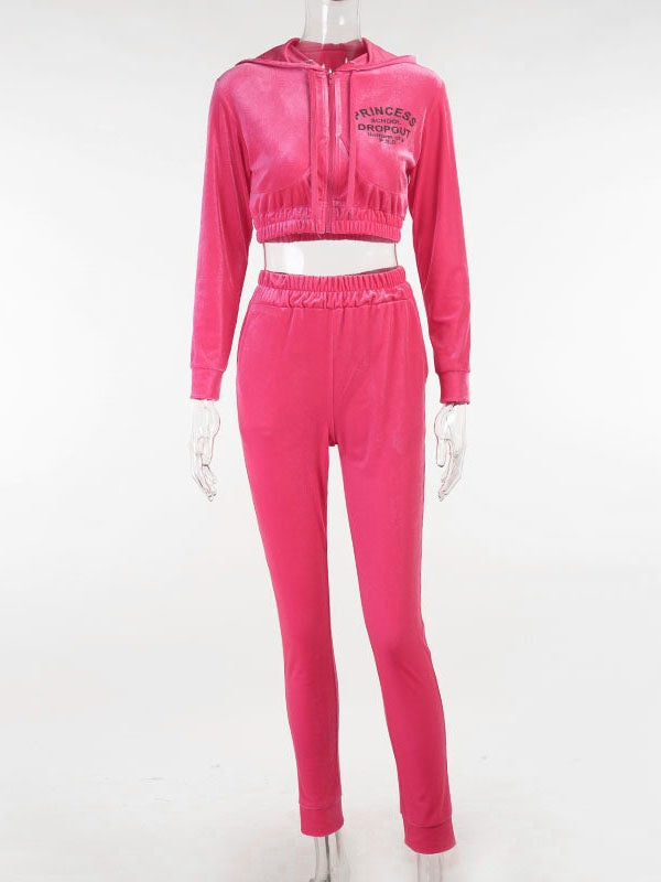 Hooded Letters Print Drawstring Pants Long Sleeves Outfit Mssza