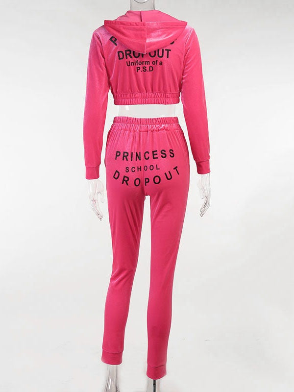 Hooded Letters Print Drawstring Pants Long Sleeves Outfit Mssza