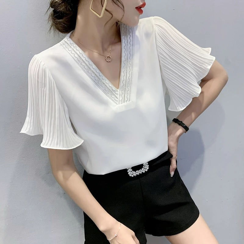 Hot drilling v-neck elegant Flying sleeve blouse Mssza