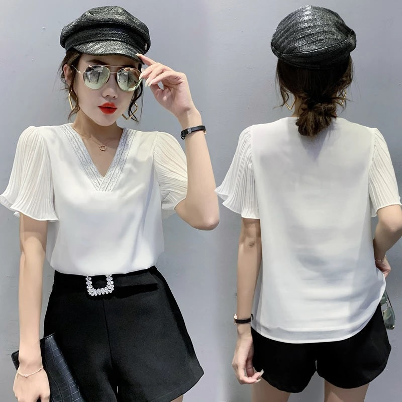 Hot drilling v-neck elegant Flying sleeve blouse Mssza