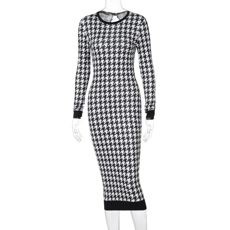 Houndstooth Print Long Sleeve Hollow Out Bodycon Streetwear  Autumn Winter Club Elegant Slim Midi Dress Mssaz Desses