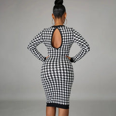 Houndstooth Print Long Sleeve Hollow Out Bodycon Streetwear  Autumn Winter Club Elegant Slim Midi Dress Mssaz Desses