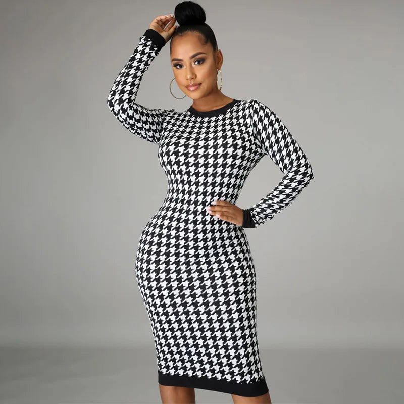 Houndstooth Print Long Sleeve Hollow Out Bodycon Streetwear  Autumn Winter Club Elegant Slim Midi Dress Mssaz Desses