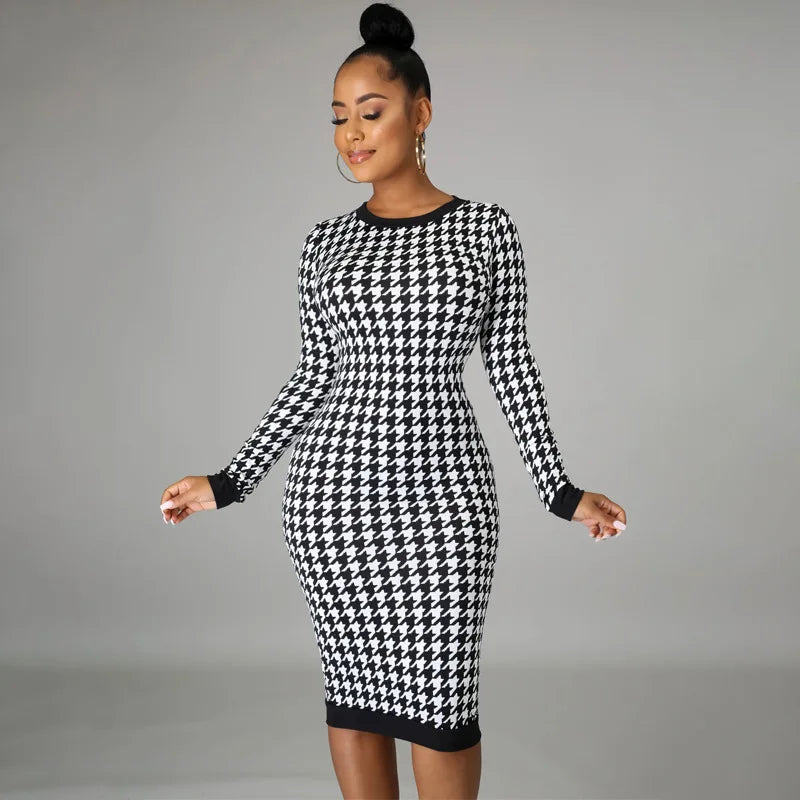Houndstooth Print Long Sleeve Hollow Out Bodycon Streetwear  Autumn Winter Club Elegant Slim Midi Dress Mssaz Desses