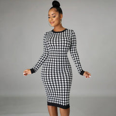Houndstooth Print Long Sleeve Hollow Out Bodycon Streetwear  Autumn Winter Club Elegant Slim Midi Dress Mssaz Desses