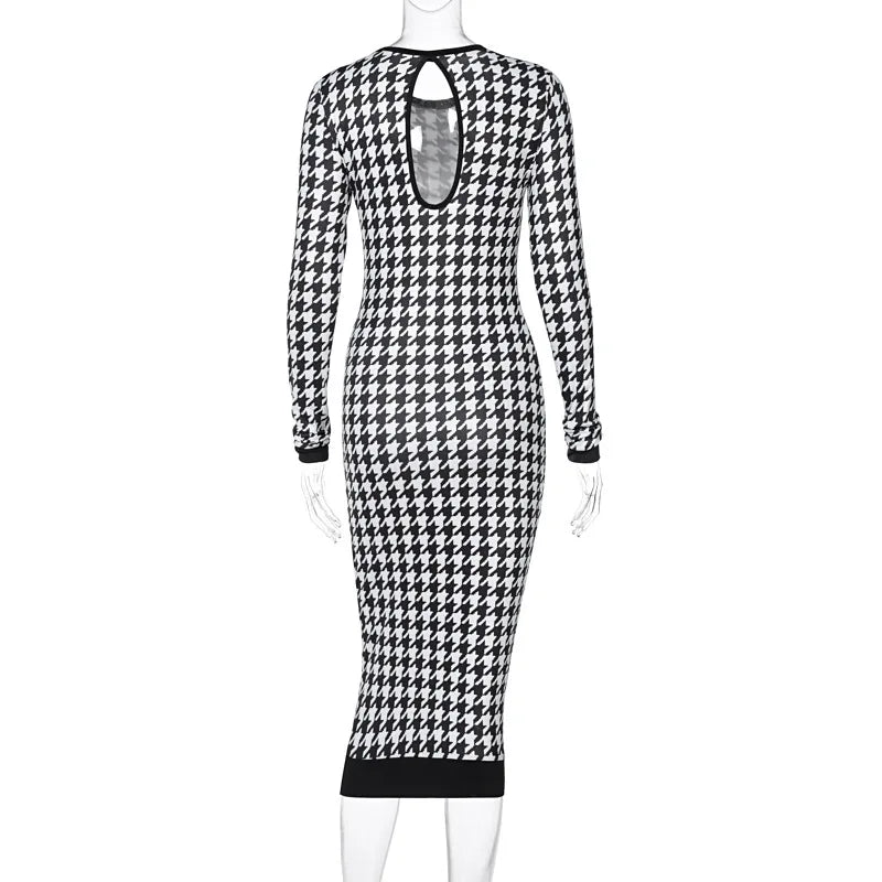 Houndstooth Print Long Sleeve Hollow Out Bodycon Streetwear  Autumn Winter Club Elegant Slim Midi Dress Mssaz Desses