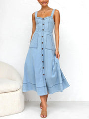 Denim Suspender Casual Button Midi Dress Mssaz Desses
