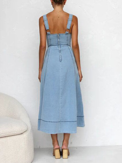 Denim Suspender Casual Button Midi Dress Mssaz Desses