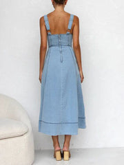 Denim Suspender Casual Button Midi Dress Mssaz Desses