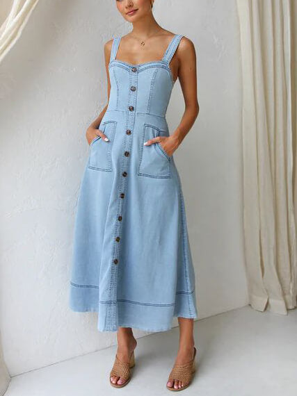 Denim Suspender Casual Button Midi Dress Mssaz Desses