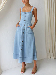 Denim Suspender Casual Button Midi Dress Mssaz Desses