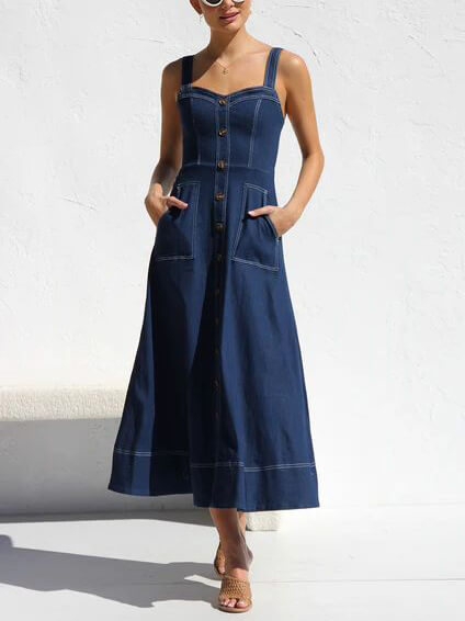 Denim Suspender Casual Button Midi Dress Mssaz Desses