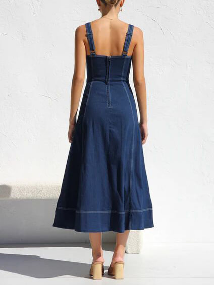 Denim Suspender Casual Button Midi Dress Mssaz Desses