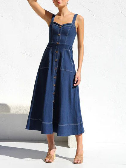 Denim Suspender Casual Button Midi Dress Mssaz Desses