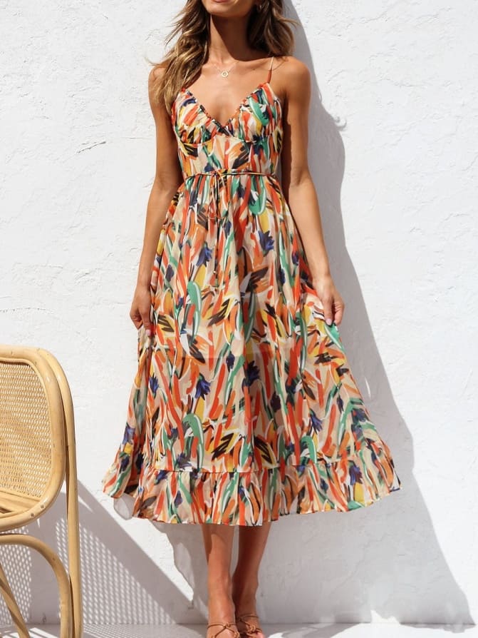 Floral Ruffle-Trim Midi Tank Dress Mssaz Desses