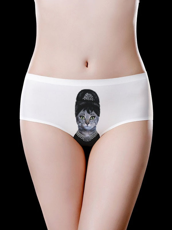 Ice Silk Mid Waist Cats Pattern Printed Briefs Mssza