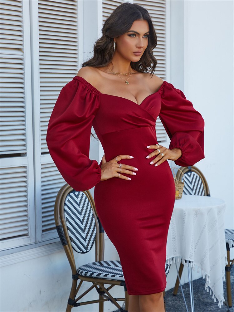 Pure Classic V-Neck Off Shoulder Bodycon Party Dress Mssaz Desses