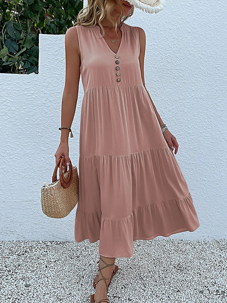 JIM & NORA  Sleeveless Tank V Neck Buttons Ruffle Loose Beach Solid Sun Midi Dress Mssaz Desses