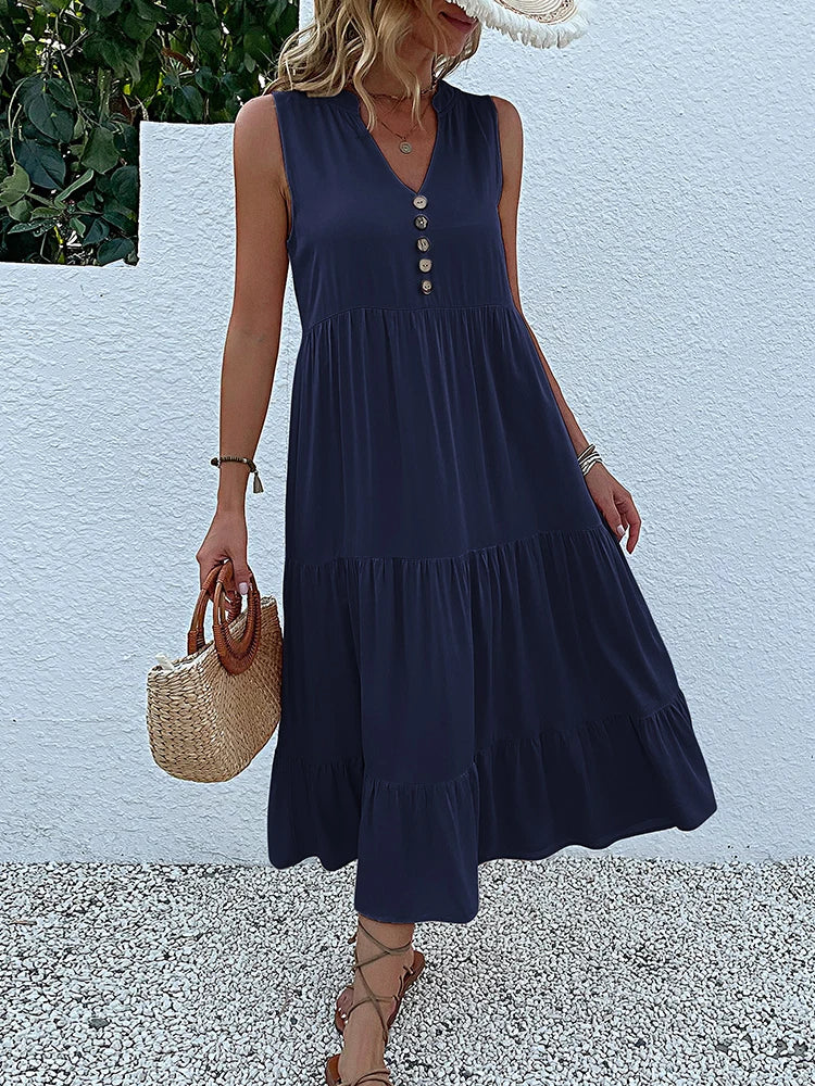 JIM & NORA  Sleeveless Tank V Neck Buttons Ruffle Loose Beach Solid Sun Midi Dress Mssaz Desses