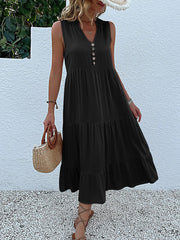 JIM & NORA  Sleeveless Tank V Neck Buttons Ruffle Loose Beach Solid Sun Midi Dress Mssaz Desses